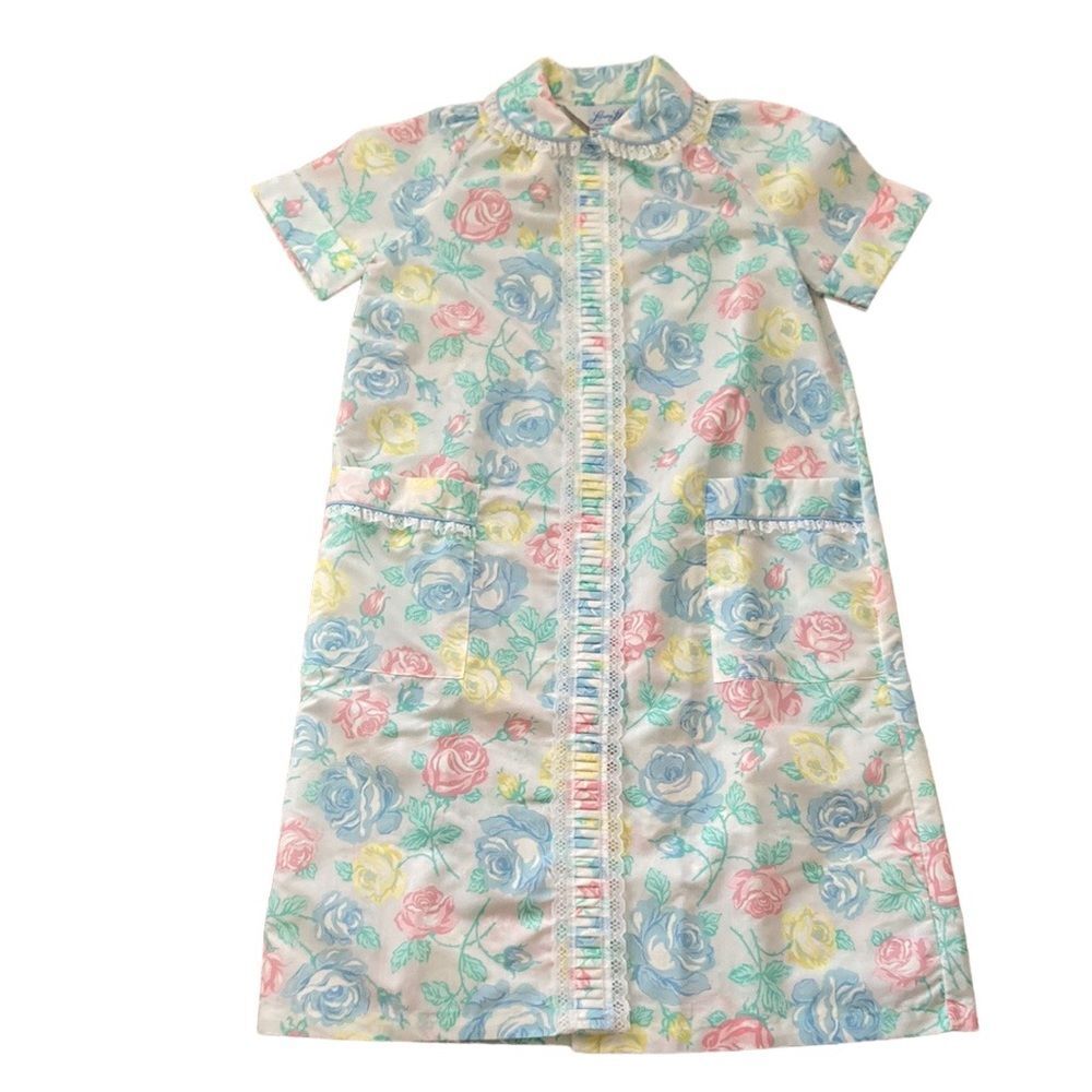 Vintage Leisure Life 70s Floral Button Lace Shortsleeve House Dress Small